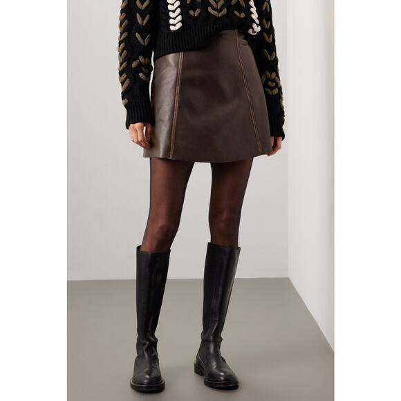 Veda Sz 2 Brown Leather A-Line Mini Skirt - Picture 1 of 5
